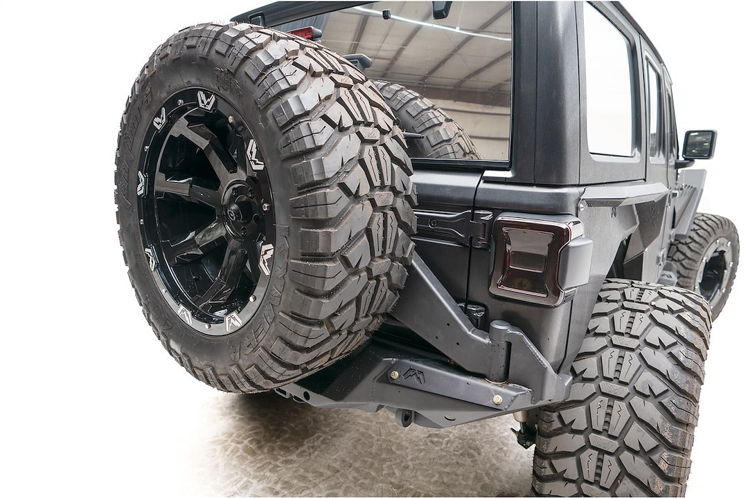 Fab Fours Spare Tire Carrier, Premium, Rear, 40 Inch Tire, Black, Plate Steel, Requires Fab Fours Premium Rear Bumper – JL18-Y1851T-1