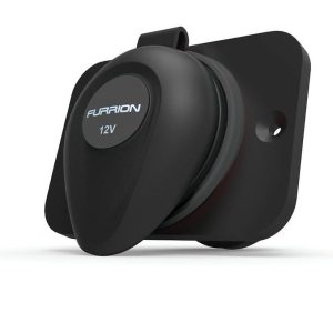 Furrion Receptacle, Indoor Use, 12 Volt DC Power, Non Ground Fault Interrupter, Single Receptacle, Black, With Mounting Bracket – F12VR-AM