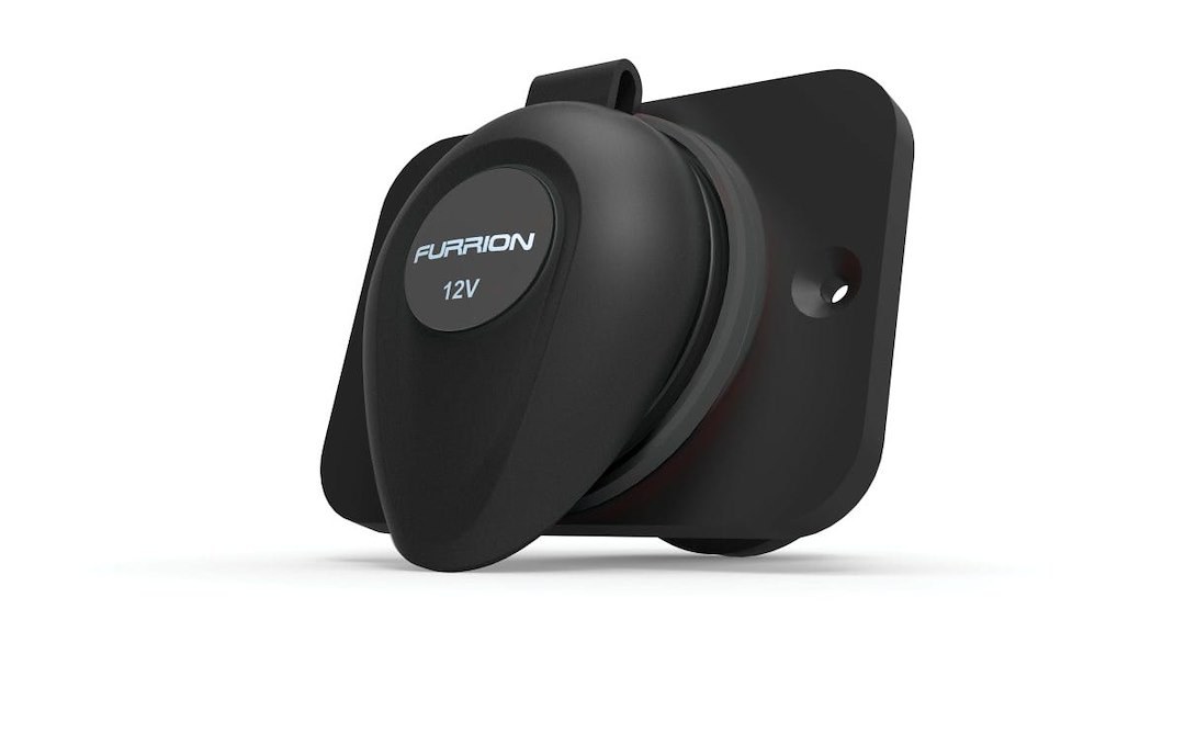 Furrion Receptacle, Indoor Use, 12 Volt DC Power, Non Ground Fault Interrupter, Single Receptacle, Black, With Mounting Bracket – F12VR-AM