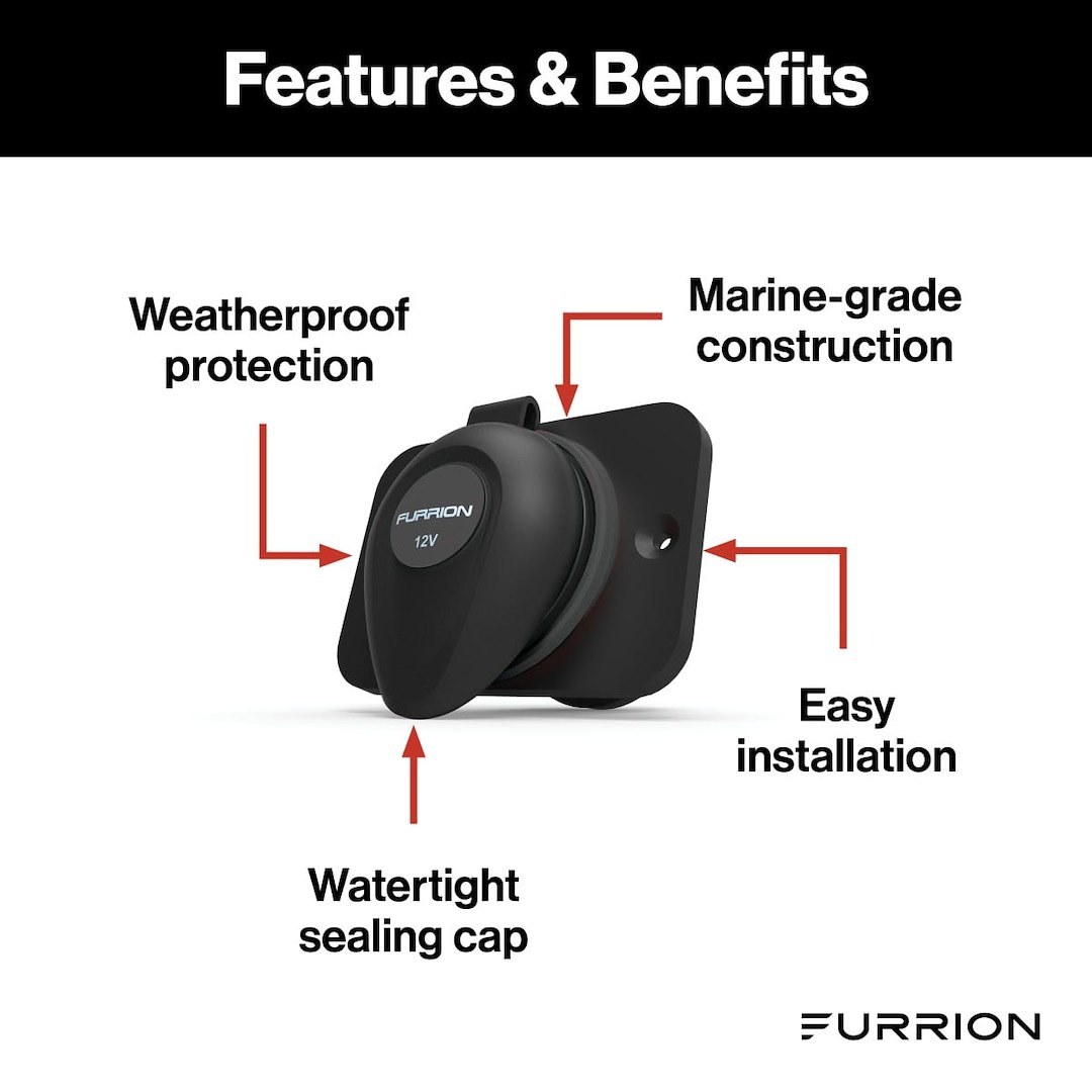 Furrion Receptacle, Indoor Use, 12 Volt DC Power, Non Ground Fault Interrupter, Single Receptacle, Black, With Mounting Bracket – F12VR-AM