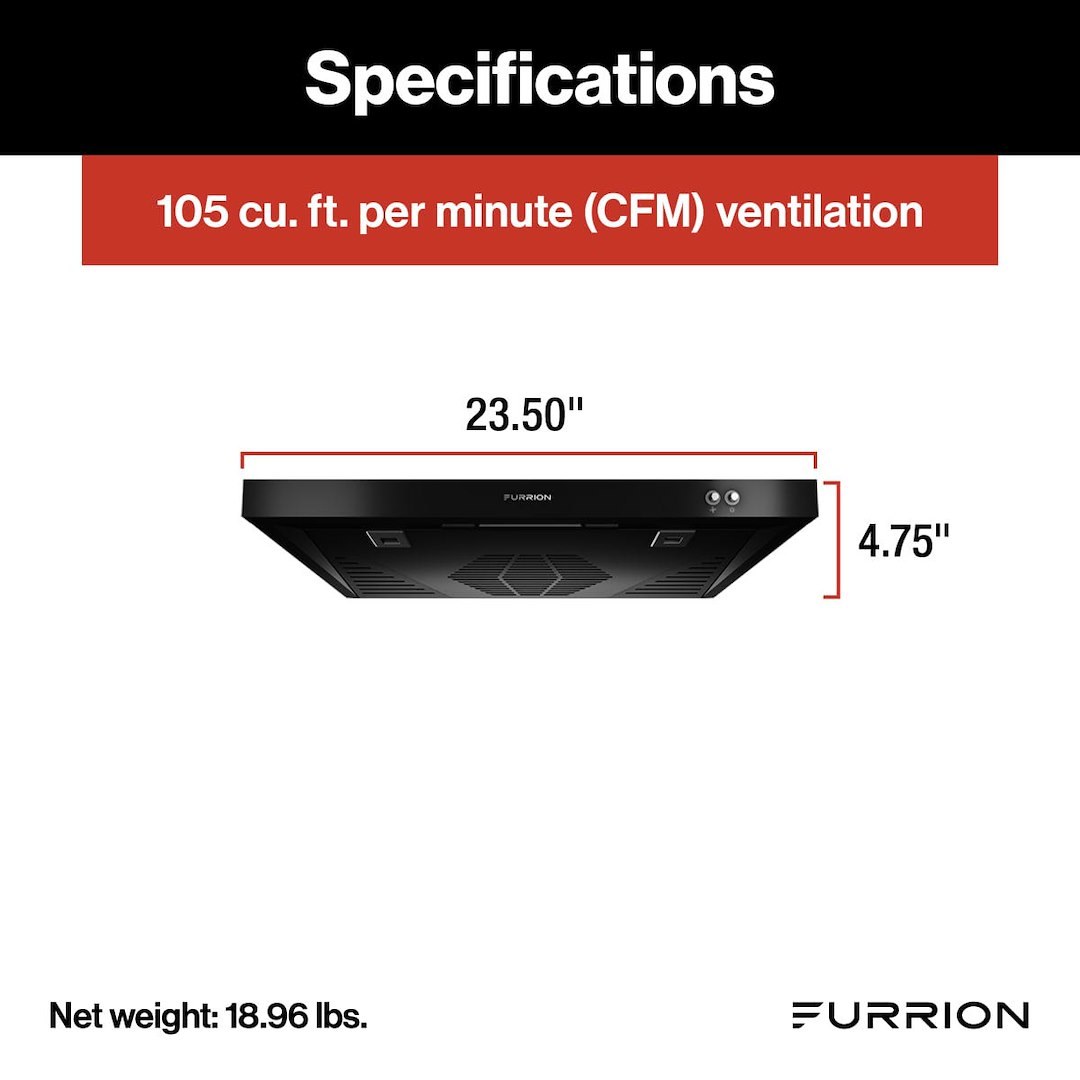 Furrion Stove Vent Hood, For 12 to 18 Inch Cabinet Depth, 23-1/2 Inch Width X 4-3/4 Inch Height X 17-3/4 Inch Depth, Ductless – FHO23SACRV-BL