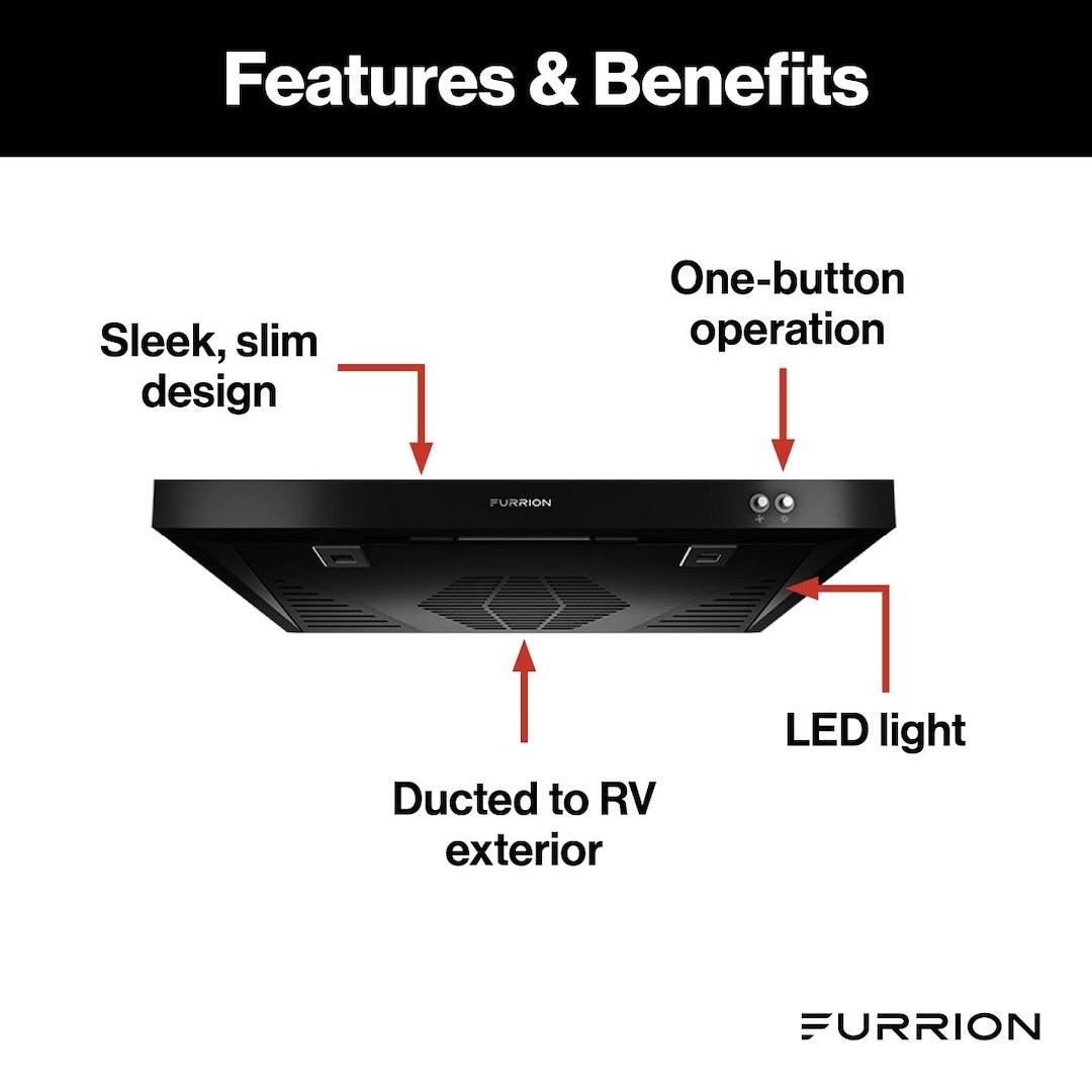 Furrion Stove Vent Hood, For 12 to 18 Inch Cabinet Depth, 23-1/2 Inch Width X 4-3/4 Inch Height X 17-3/4 Inch Depth, Ductless – FHO23SACRV-BL
