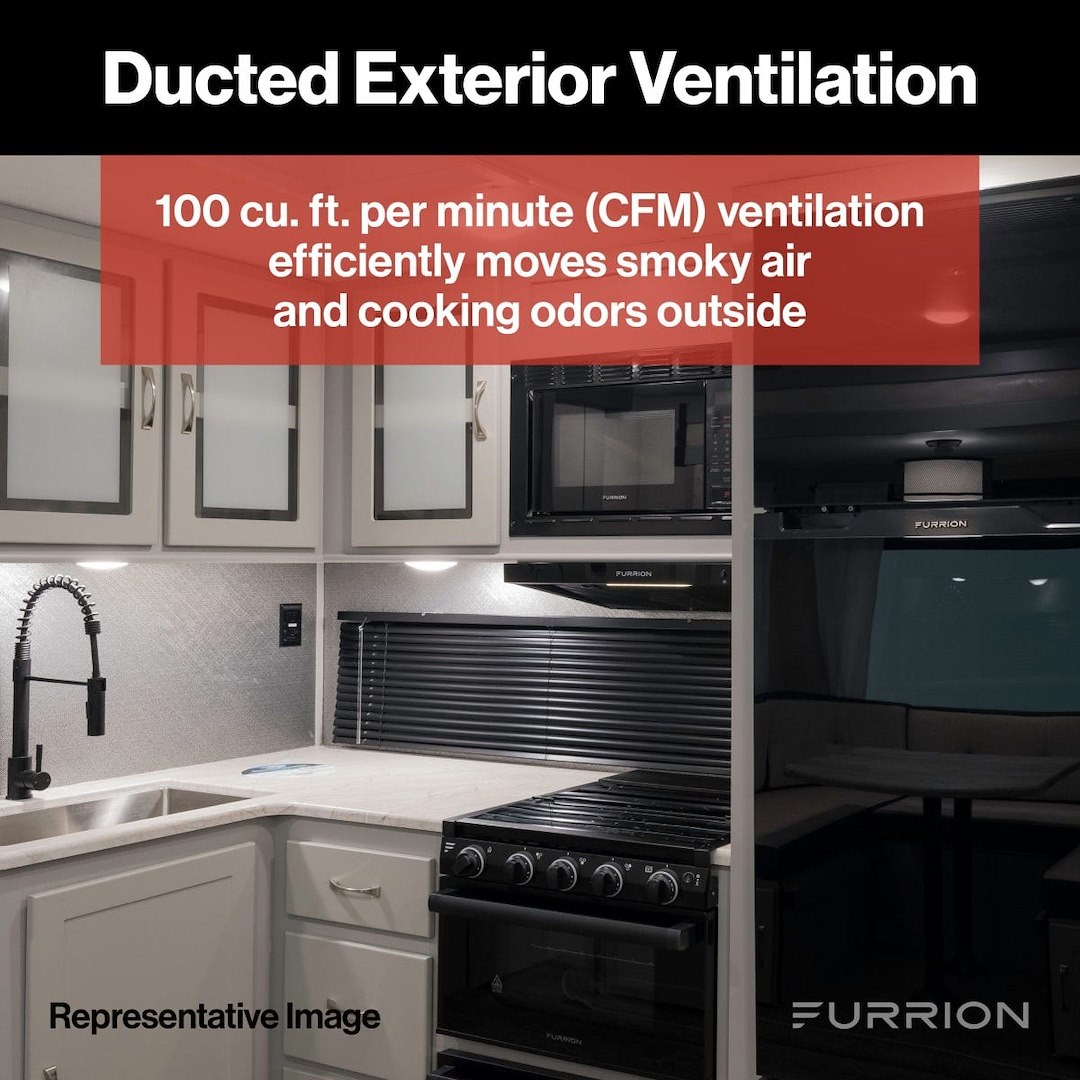 Furrion Stove Vent Hood, For 12 to 18 Inch Cabinet Depth, 23-1/2 Inch Width X 4-3/4 Inch Height X 17-3/4 Inch Depth, Ductless – FHO23SACRV-BL