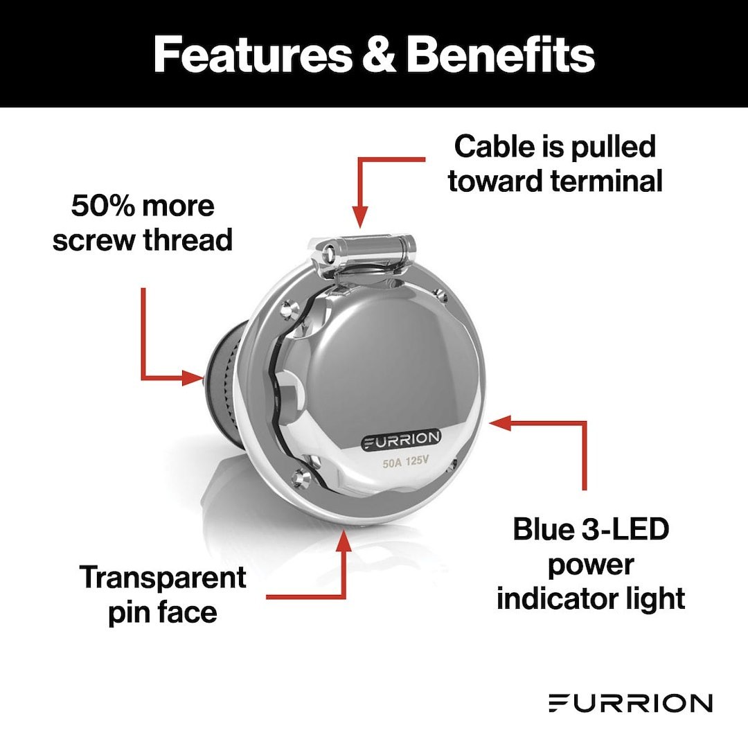Furrion Power Inlet Port, Manual Power Disconnet, 50 Amp, 125/250 Volt AC, Round, Stainless Steel, With Retail Packaging – F52INS-SS