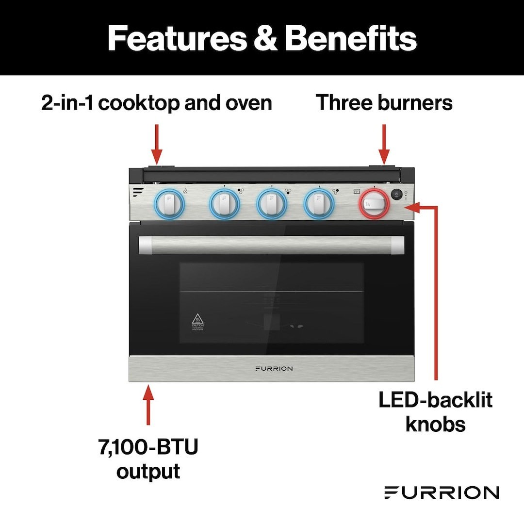 Furrion Stove, Range, Stainless Steel with Stainless Steel Handle/ Black Glass Door – F1S17L02A-SS