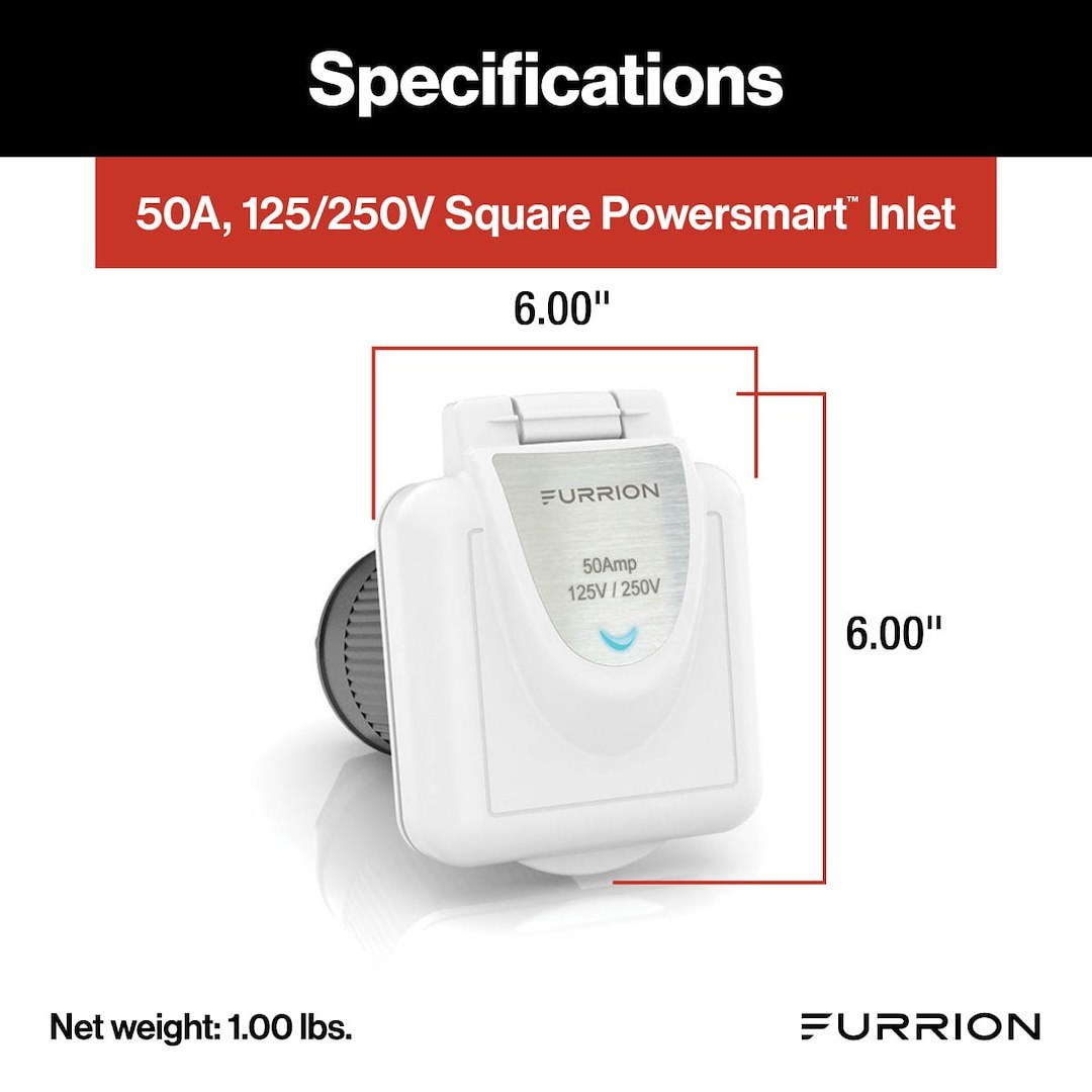 Furrion Power Inlet Port, Manual Power Disconnet, 50 Amp, 125/250 Volt AC, Square, White – F52INS-PS-AM