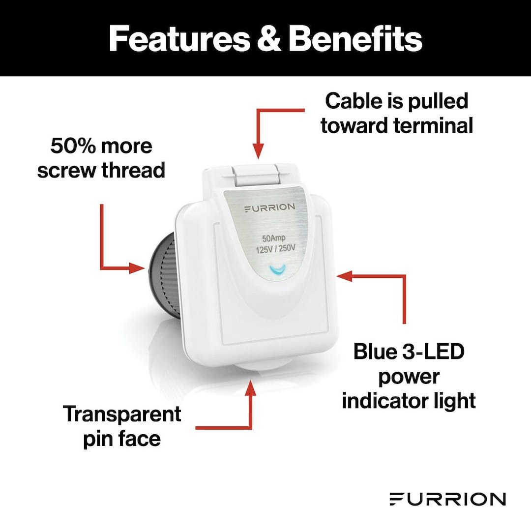 Furrion Power Inlet Port, Manual Power Disconnet, 50 Amp, 125/250 Volt AC, Square, White – F52INS-PS-AM