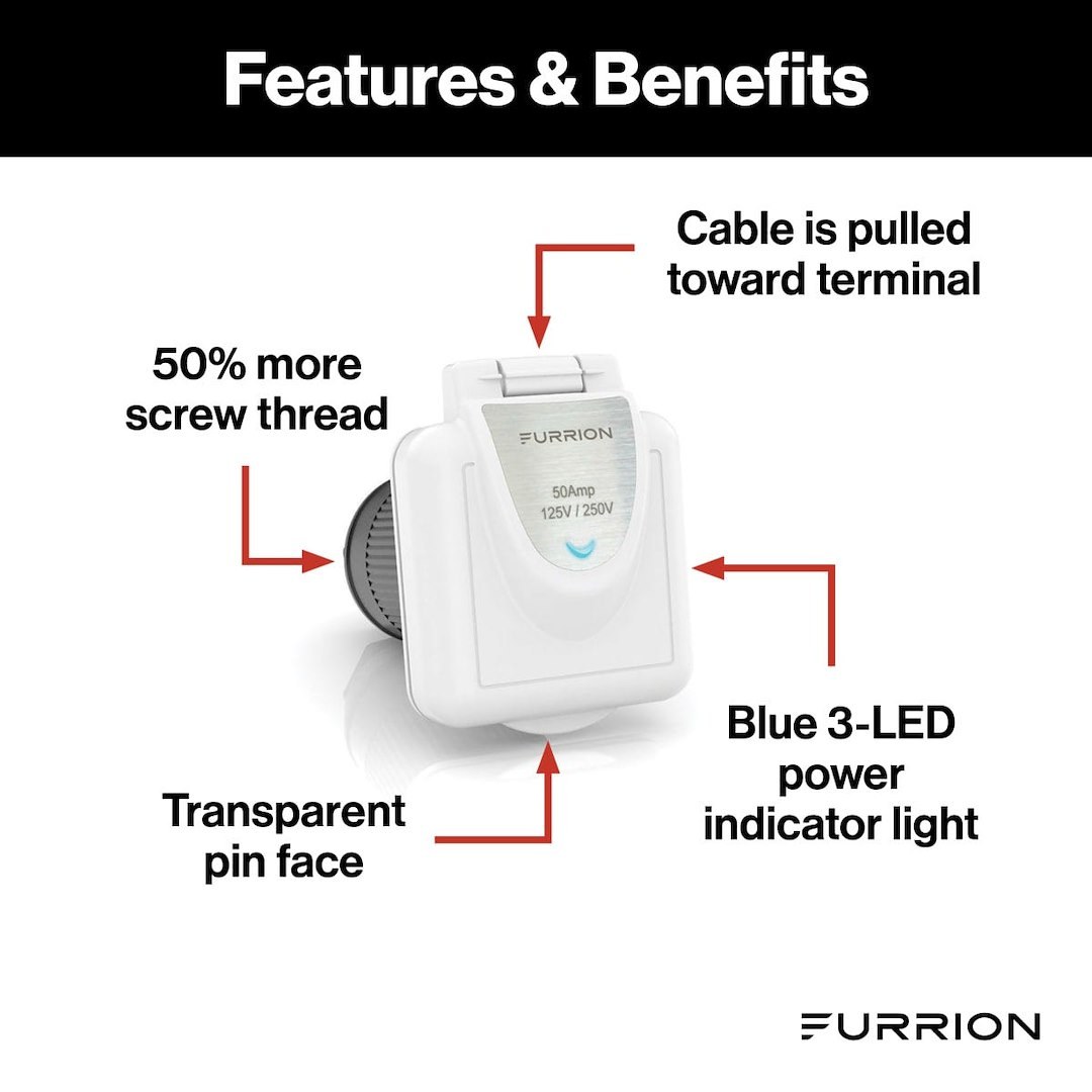 Furrion Power Inlet Port, Manual Power Disconnet, 50 Amp, 125 Volt AC, Square, White, Fiber Filled UV Stabilized Polyester and Plastic – F50INS-PS-AM