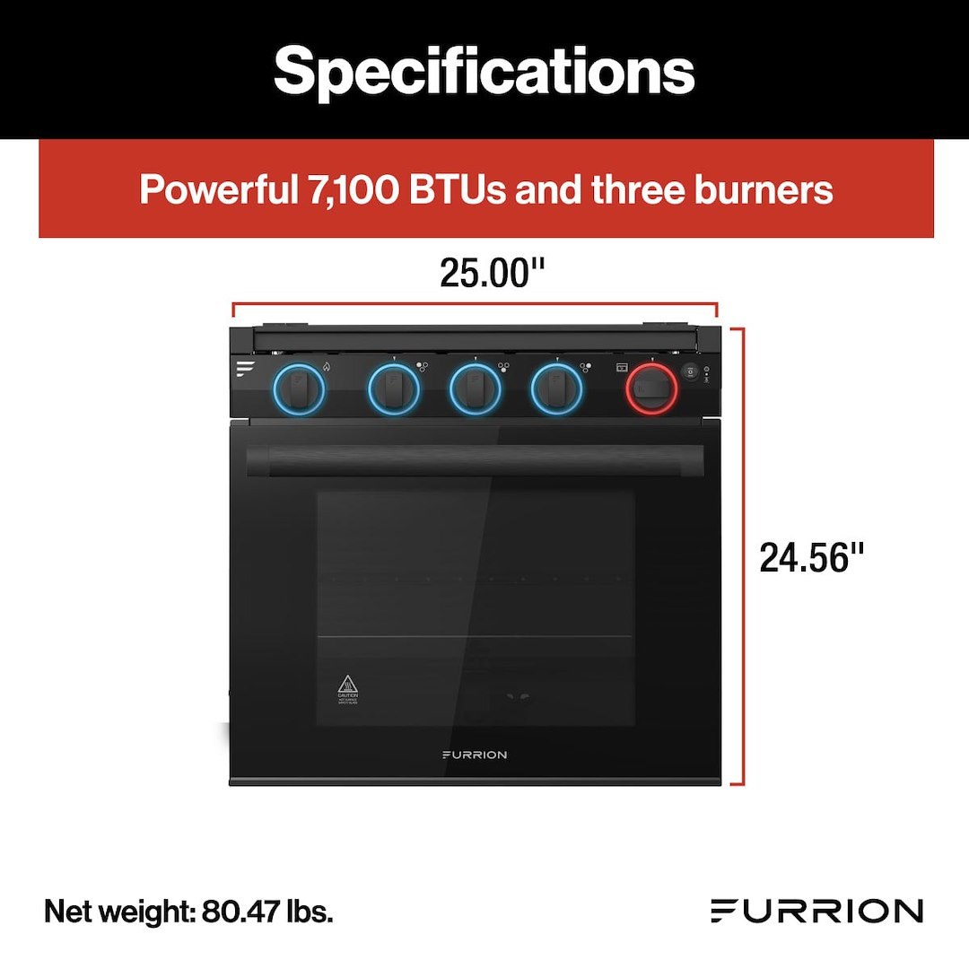 Furrion Stove, Range, Black with Black Handle/ Black Glass Door, 21-11/16 Inch Height X 21-1/2 Inch Width X 22 Inch Depth – F1S21L03A-BL