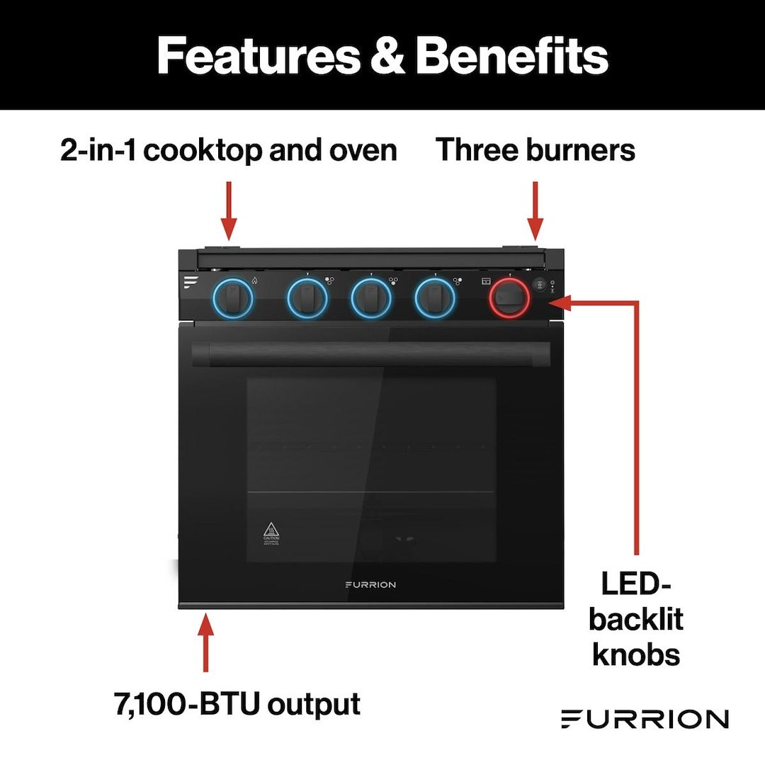 Furrion Stove, Range, Black with Black Handle/ Black Glass Door, 21-11/16 Inch Height X 21-1/2 Inch Width X 22 Inch Depth – F1S21L03A-BL