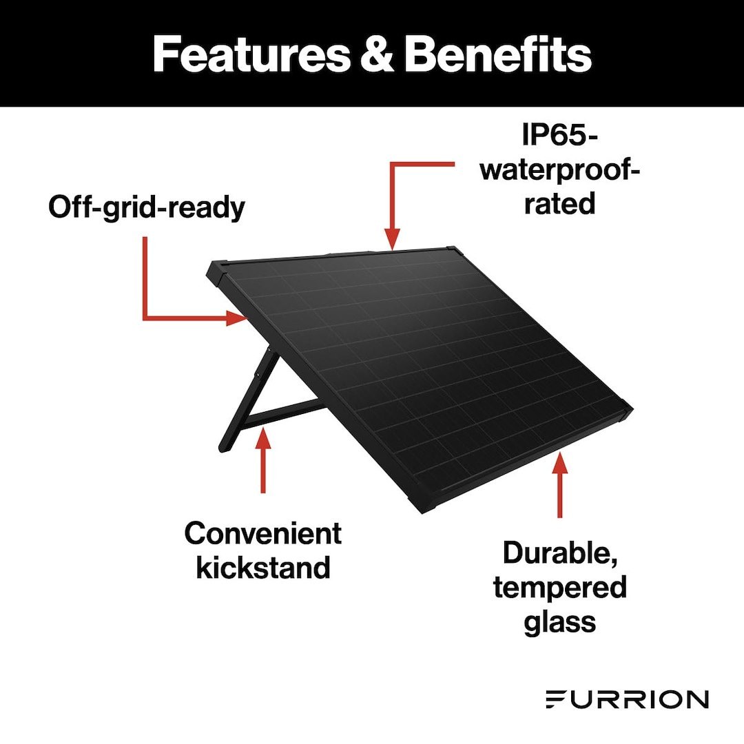 Furrion Solar Panel, 100 Watt/ 5.9 Amp Charging Current, Monocrystalline, 26-3/8 Inch Length X 34-1/4 Inch Width X 1-3/8 Inch Depth – FSPK10MWT-BL