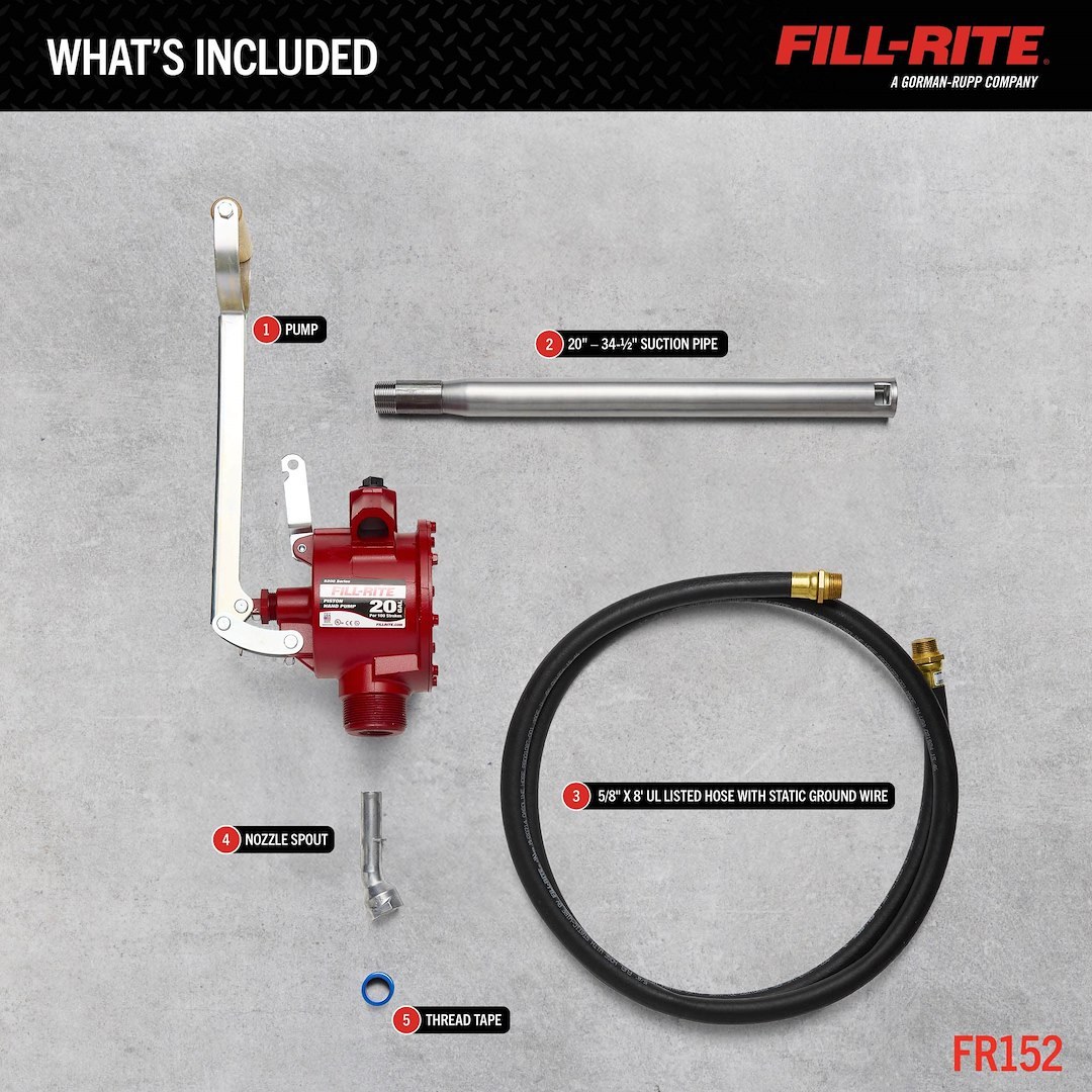 Fill Rite Dispensing Pump, Fits Drums/ Totes and Barrels, Use for Gasoline/ Diesel/ Light Oil/ Kerosene, 20 Gallons Per 100 Strokes, Aluminum – FR152
