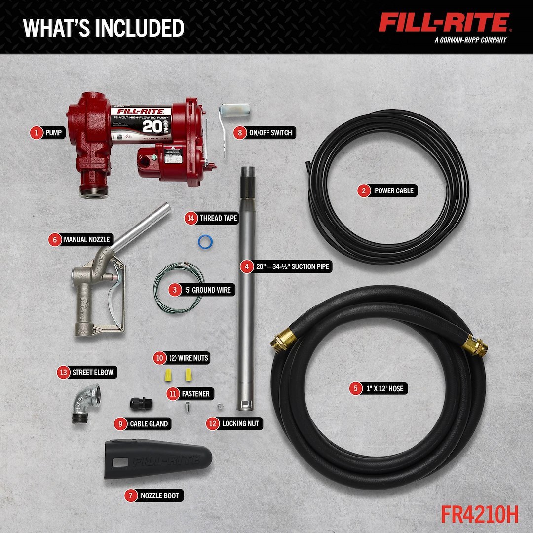 Fill Rite Liquid Transfer Tank Pump, Diesel/ Gasoline/ Kerosene/ E15/ Biodiesel Up to B20, Electric, 12 Volt DC, 20 Gallons Per Minute – FR4210H