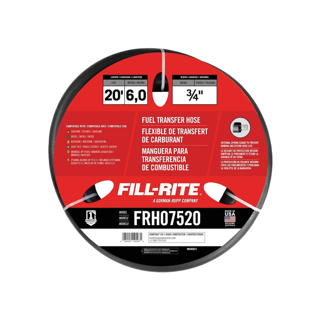 Fill Rite Liquid Transfer Tank Pump Hose, 20 Foot Length X 3/4 Inch, With Static Wire, 3/4 Inch NPT Thread, Black – FRH07520