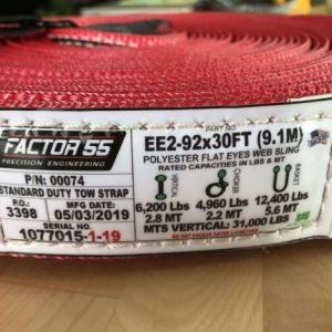 Factor 55 Tow Strap, 30 Foot X 2 Inch, Black and Red, Polyester Webbing Material – 00074