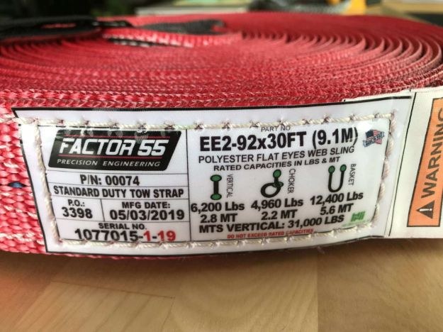 Factor 55 Tow Strap, 30 Foot X 2 Inch, Black and Red, Polyester Webbing Material – 00074