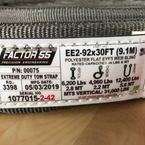 Factor 55 Tow Strap, 30 Foot X 2 Inch, Gray and Black, Polyester Webbing Material – 00075