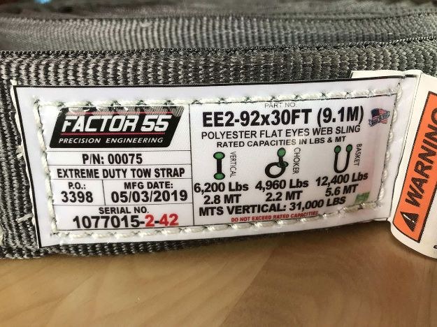 Factor 55 Tow Strap, 30 Foot X 2 Inch, Gray and Black, Polyester Webbing Material – 00075