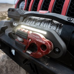 Factor 55 Winch Fairlead, Hawse Style, For Use with Synthetic Winch Rope, Anodized, Gun Metal Gray, Aluminum, Integrated LED Light Bar – 00216-06