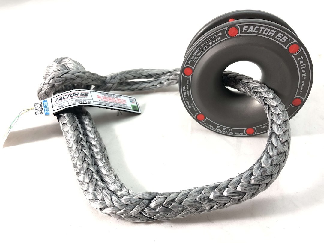 Factor 55 Shackle Rope, 22000 Pound Maximum Capacity, For Synthetic Rope Diameters 5/16 to 1/2 Inch, Aluminum Pulley – 00264