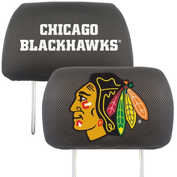Fan Mats Headrest Cover, Universal, Embroidered Nhl Chicago Blackhawks Logo, Polyester, Black, Set of 2 – 14780