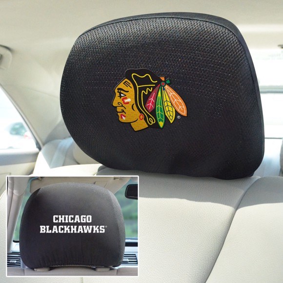 Fan Mats Headrest Cover, Universal, Embroidered Nhl Chicago Blackhawks Logo, Polyester, Black, Set of 2 – 14780