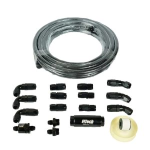 Fitech Fuel System Kit, Black Fittings, Braided Stainless Line, 40 Feet with 10 Micron Fuel Filter/ Check Valve – 51004