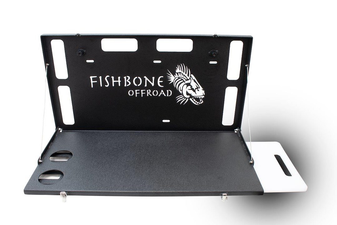 Fishbone Tailgate Table, Bolt-On, Folding, Powder Coat, Black, Steel, With Cutting Board/ Cupholders/ Hardware – FB25220