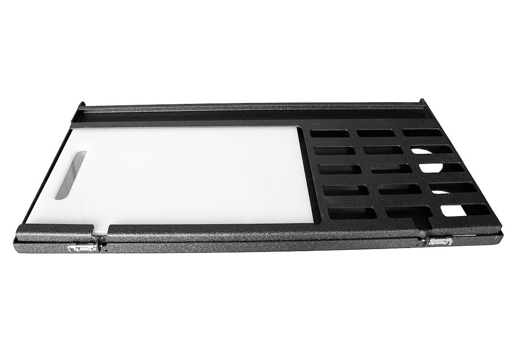 Fishbone Tailgate Table, Bolt-On, Folding, Powder Coat, Black, Steel, With Cutting Board/ Cupholders/ Hardware – FB25220