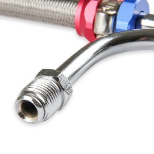 Mr. Gasket Carburetor Fuel Line, For Use with Holley 4150/ 4160 Series Carburetors, Adjustable, Chrome Plated with Red and Blue Hose Ends – 1556G