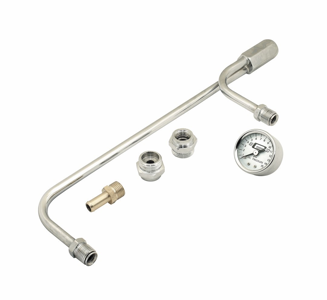 Mr. Gasket Carburetor Fuel Line, For Use with Holley 4150 Series Carburetors, Chrome Finish, With Fuel Pressure Gauge – 1559