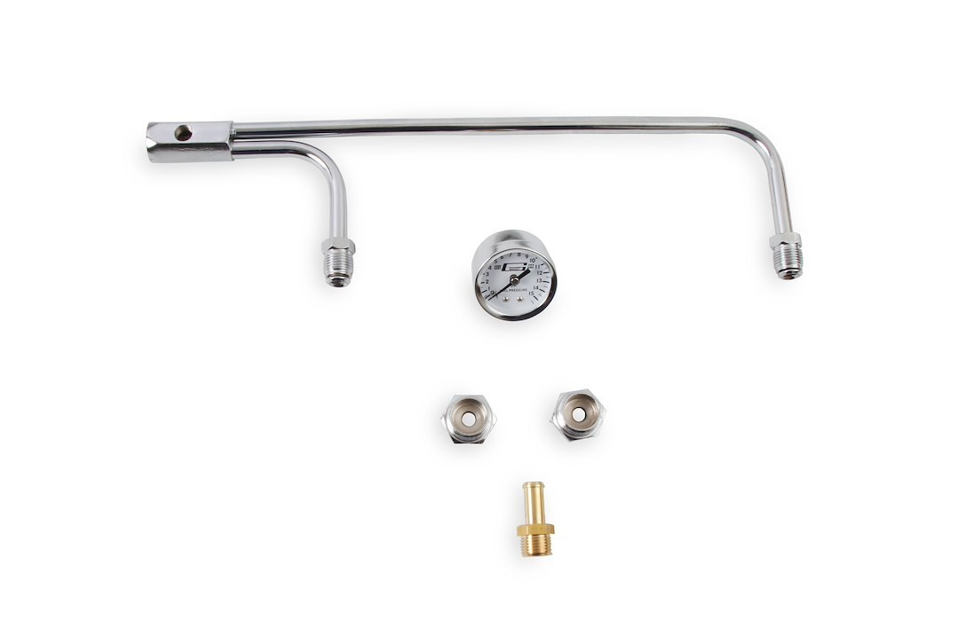 Mr. Gasket Carburetor Fuel Line, For Use with Holley 4150 Series Carburetors, Chrome Finish, With Fuel Pressure Gauge – 1559