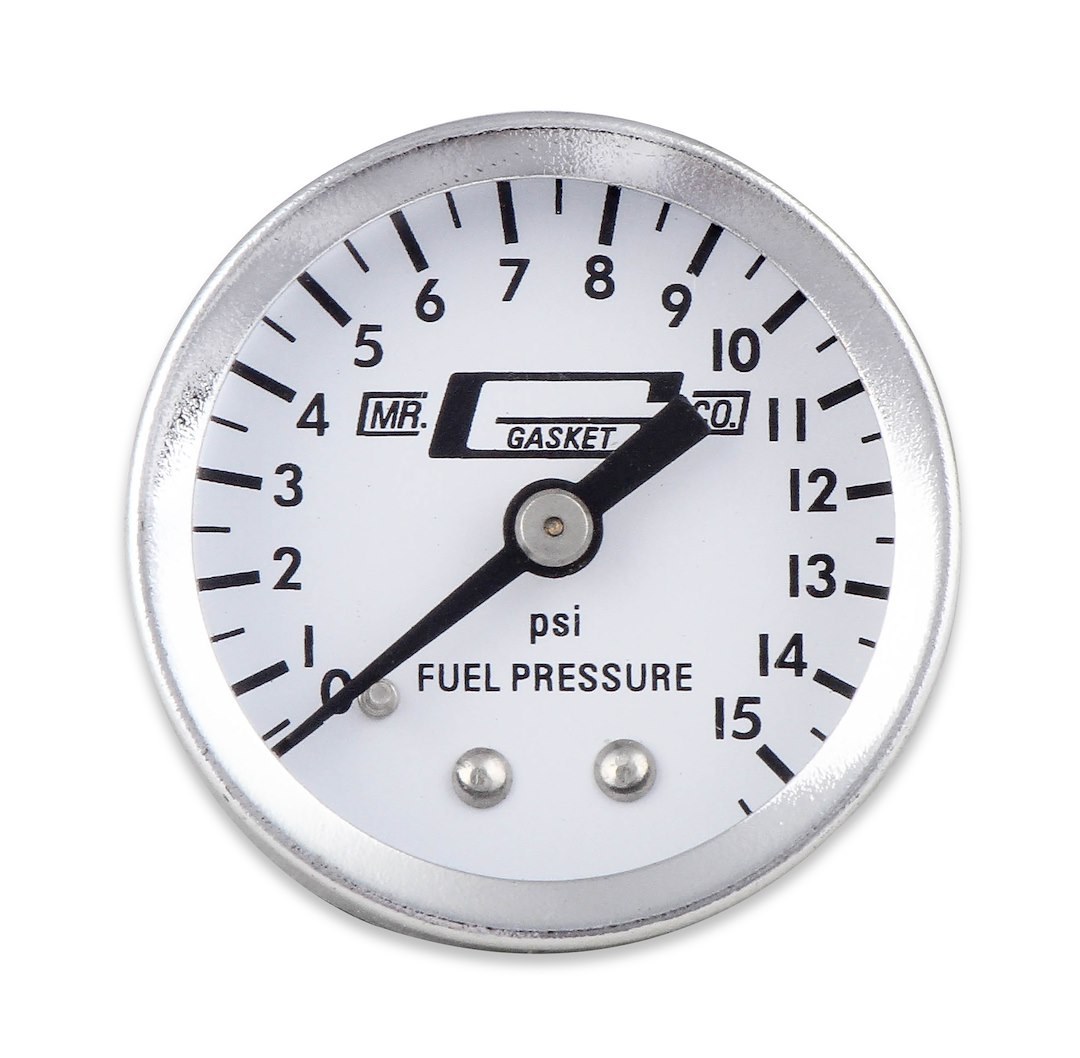 Mr. Gasket Gauge Fuel Pressure, 1-1/2 Inch Diameter, Full Sweep, 0-15 PSI Range, Analog Display, White Face/ Chrome Bezel/ Black Needle – 1561