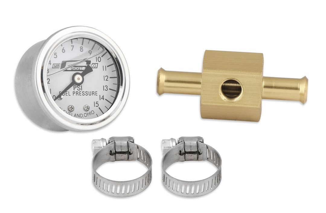 Mr. Gasket Gauge Fuel Pressure, 1-1/2 Inch Diameter, Full Sweep, 0-15 PSI Range, White Face/ Chrome Bezel/ Black Needle – 1564