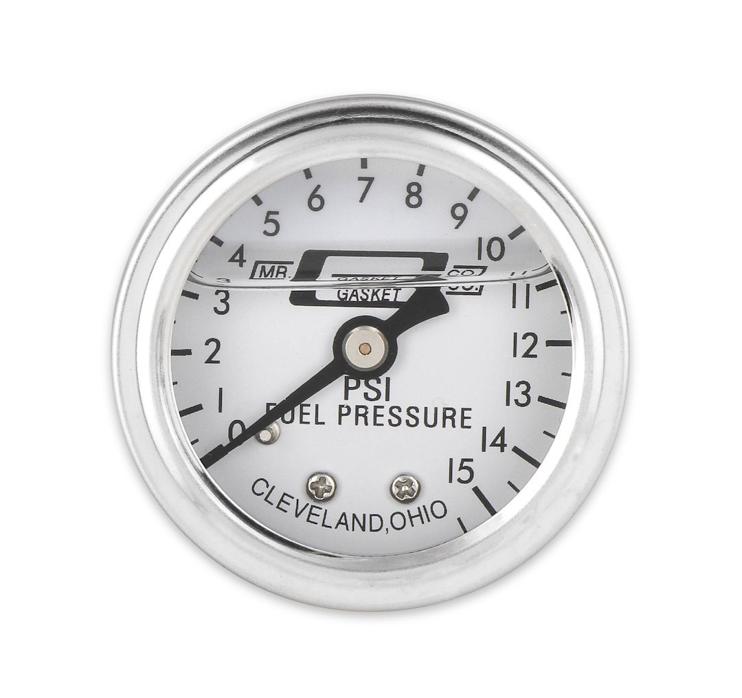 Mr. Gasket Gauge Fuel Pressure, 1-1/2 Inch Diameter, Full Sweep, 0-15 PSI Range, White Face/ Chrome Bezel/ Black Needle – 1564