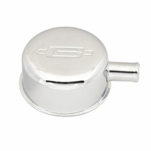 Mr. Gasket Crankcase Breather Cap, Round, 1 Inch Outside Diameter Neck X 5/8 Inch Outside Diameter Breather Tube, Push IN, Chrome, With Grommet – 2054