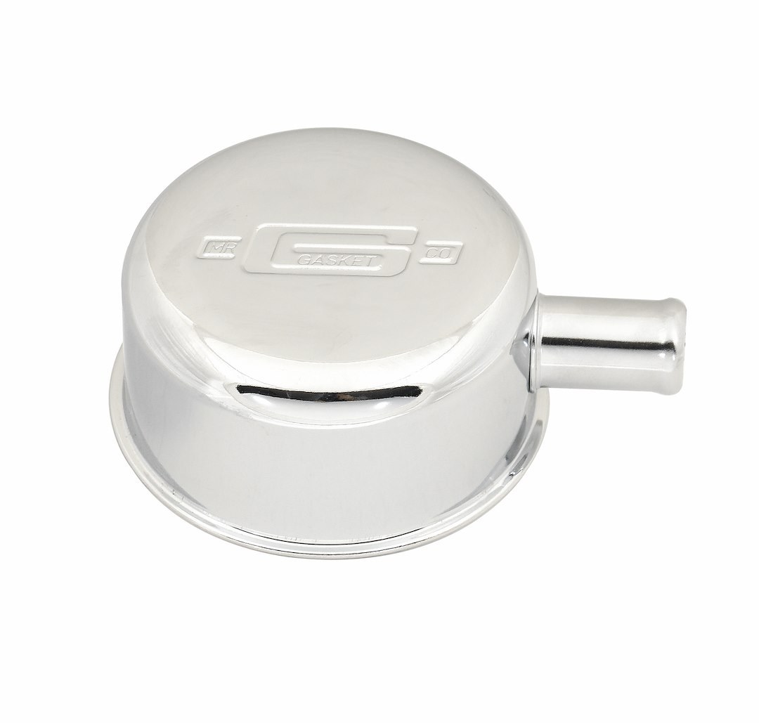 Mr. Gasket Crankcase Breather Cap, Round, 1 Inch Outside Diameter Neck X 5/8 Inch Outside Diameter Breather Tube, Push IN, Chrome, With Grommet – 2054