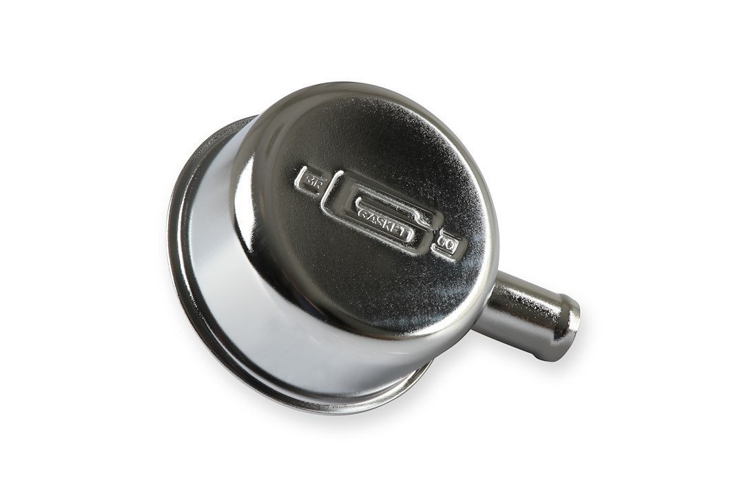 Mr. Gasket Crankcase Breather Cap, Round, 1 Inch Outside Diameter Neck X 5/8 Inch Outside Diameter Breather Tube, Push IN, Chrome, With Grommet – 2054
