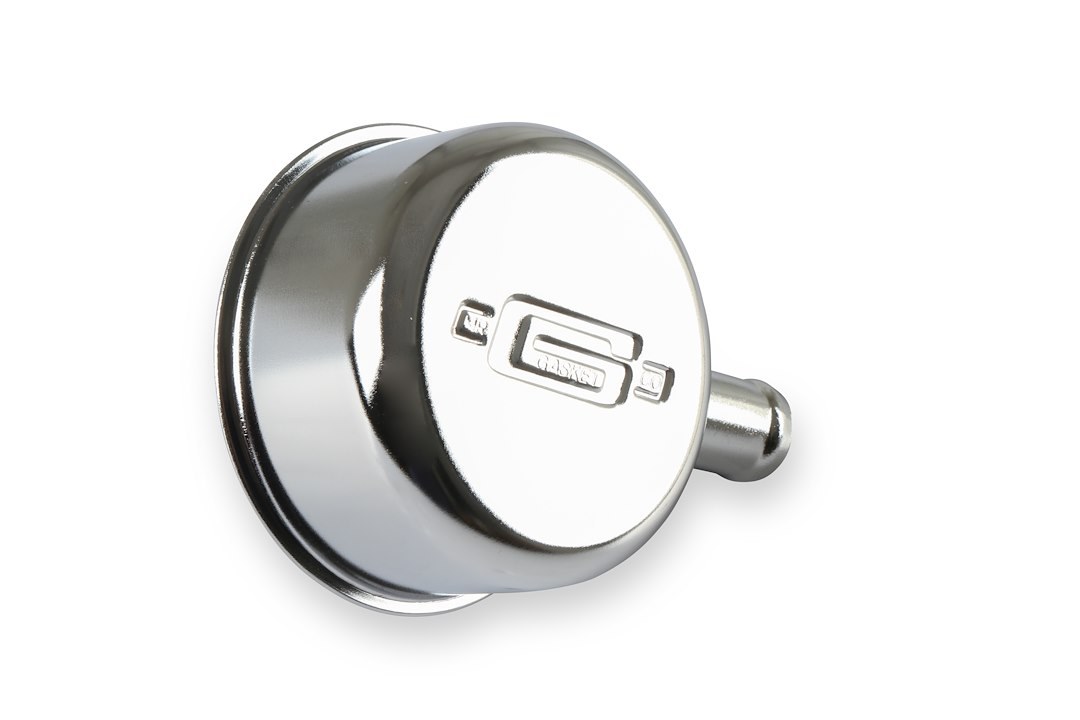 Mr. Gasket Crankcase Breather Cap, Round, 1 Inch Outside Diameter Neck X 5/8 Inch Outside Diameter Breather Tube, Push IN, Chrome, With Grommet – 2054