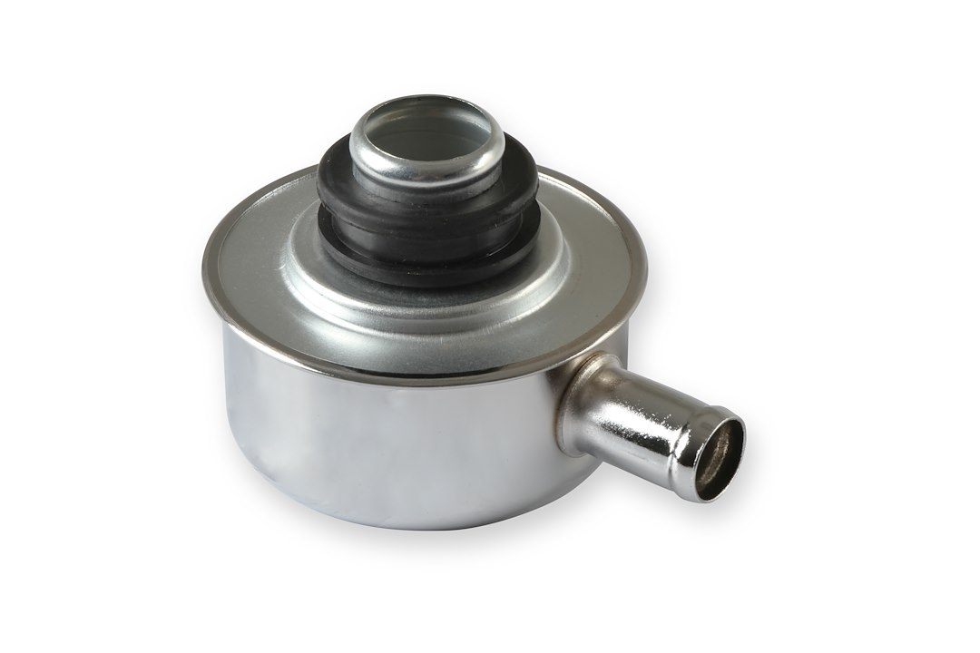 Mr. Gasket Crankcase Breather Cap, Round, 1 Inch Outside Diameter Neck X 5/8 Inch Outside Diameter Breather Tube, Push IN, Chrome, With Grommet – 2054