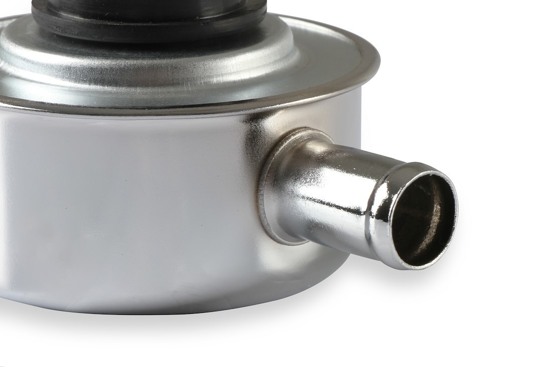 Mr. Gasket Crankcase Breather Cap, Round, 1 Inch Outside Diameter Neck X 5/8 Inch Outside Diameter Breather Tube, Push IN, Chrome, With Grommet – 2054