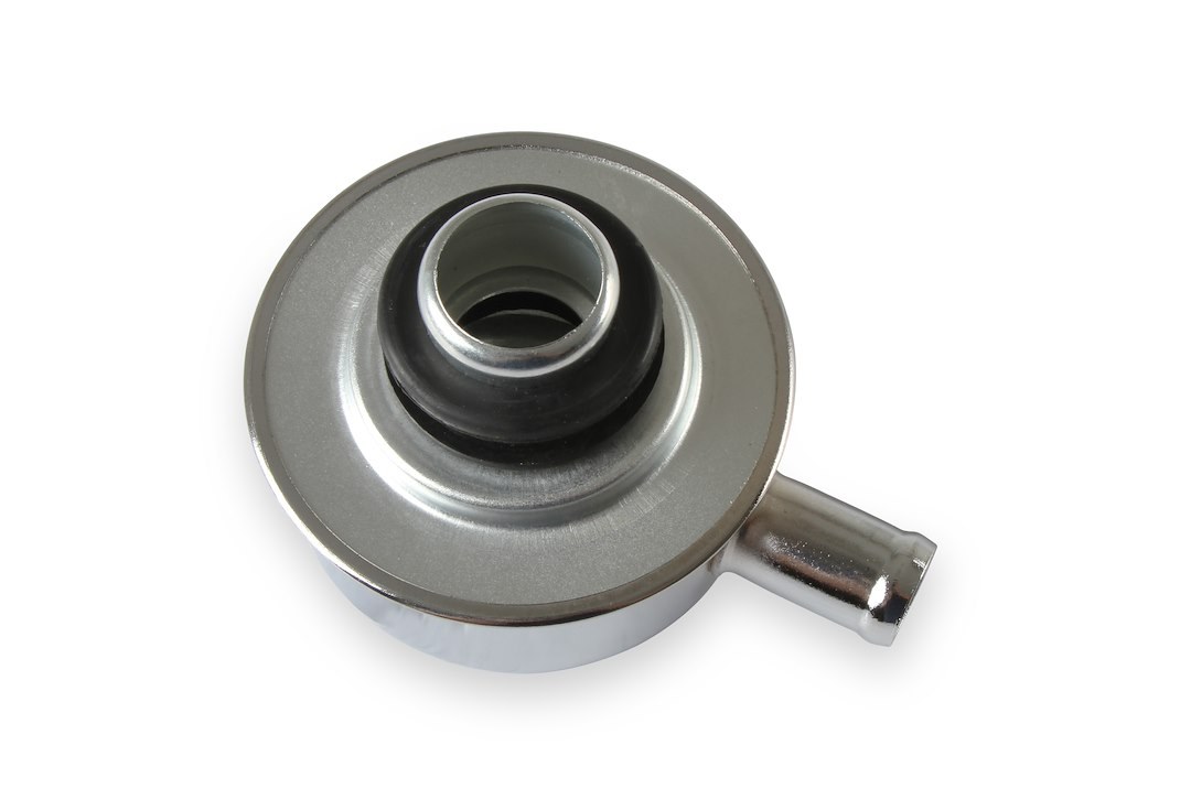 Mr. Gasket Crankcase Breather Cap, Round, 1 Inch Outside Diameter Neck X 5/8 Inch Outside Diameter Breather Tube, Push IN, Chrome, With Grommet – 2054