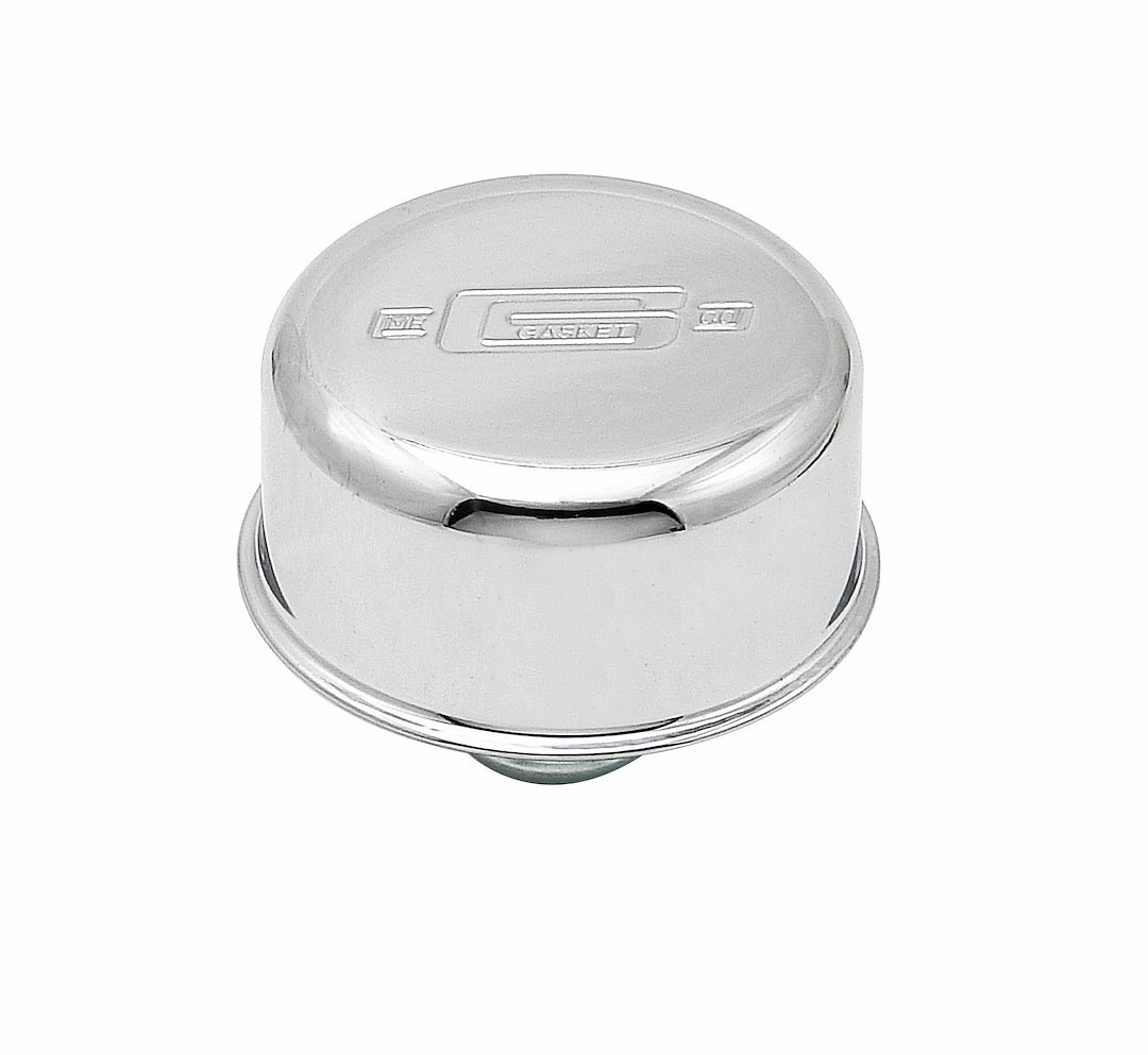 Mr. Gasket Crankcase Breather Cap, Round, 2-1/8 Inch Tall X 2-1/2 Inch Diameter, Push IN, Chrome, With Grommet – 2068