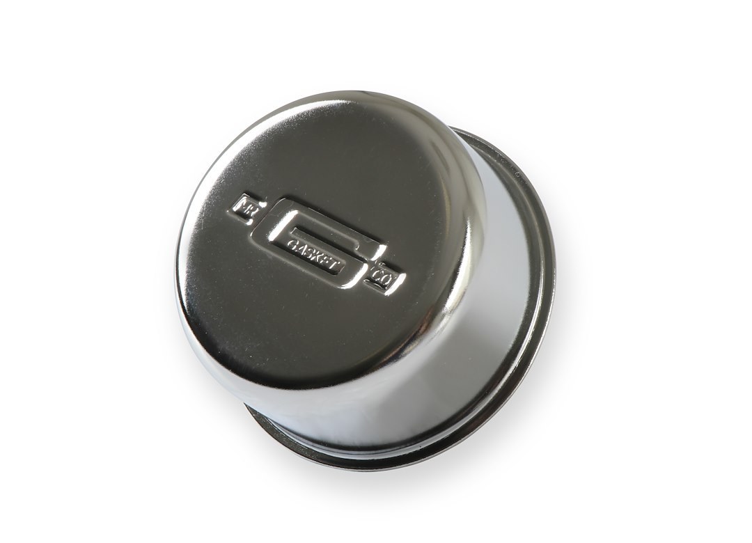 Mr. Gasket Crankcase Breather Cap, Round, 2-1/8 Inch Tall X 2-1/2 Inch Diameter, Push IN, Chrome, With Grommet – 2068