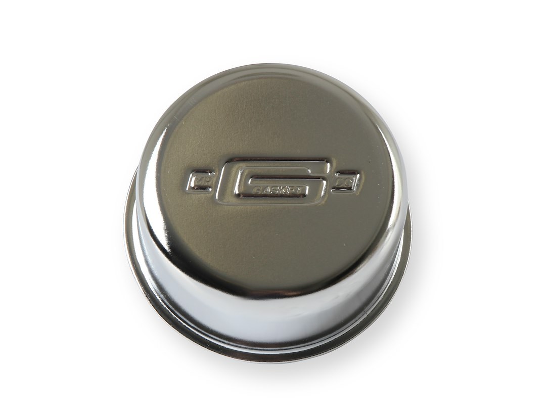 Mr. Gasket Crankcase Breather Cap, Round, 2-1/8 Inch Tall X 2-1/2 Inch Diameter, Push IN, Chrome, With Grommet – 2068