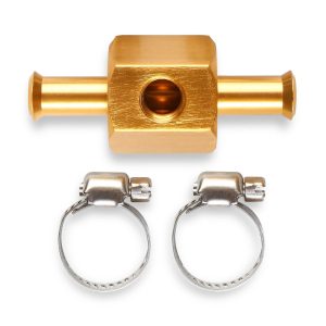 Mr. Gasket Fuel Pressure Gauge Fitting, 3/8 Inch Hose Barb to 3/8 Inch Hose Barb, Straight, 1/8 Inch NPT Side Port, Anodized, Gold, Aluminum – 2975