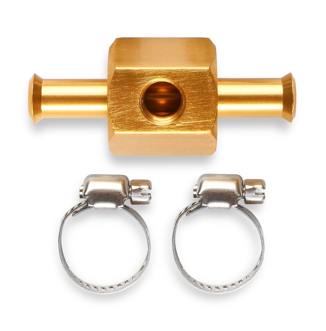 Mr. Gasket Fuel Pressure Gauge Fitting, 3/8 Inch Hose Barb to 3/8 Inch Hose Barb, Straight, 1/8 Inch NPT Side Port, Anodized, Gold, Aluminum – 2975