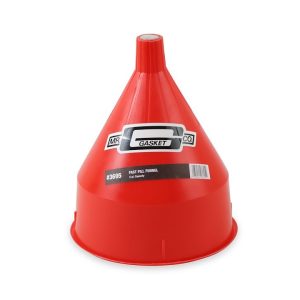 Mr. Gasket Funnel, Round, 6 Quart Capacity, Red, Plastic, With Built-IN Brass Screen – 3695