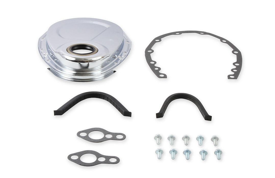 Mr. Gasket Timing Cover, One Piece Style, Chrome Plated, Steel, With Gaskets, With Bolts – 4590