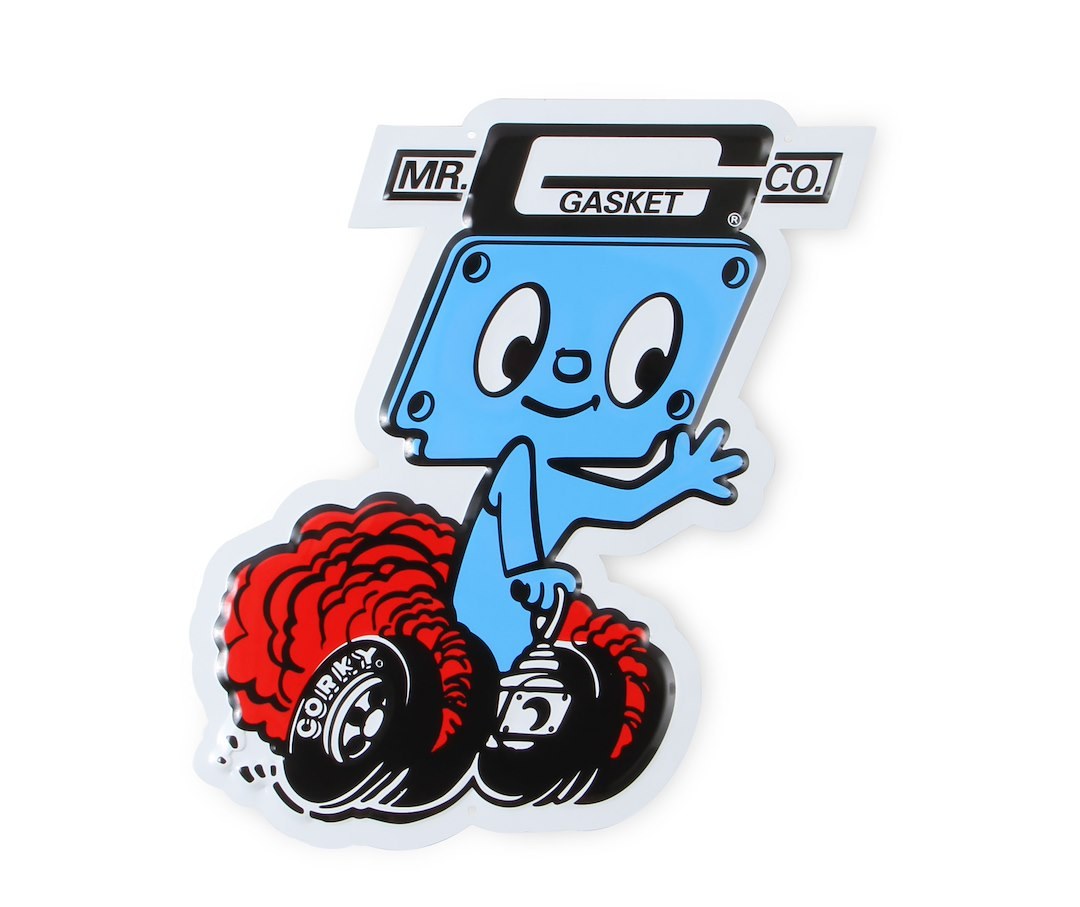 Mr. Gasket Sign, 13-1/2 Inch X 11 Inch, Mr. Gasket Corky, Blue/ Red/ Black, Metal – 4C